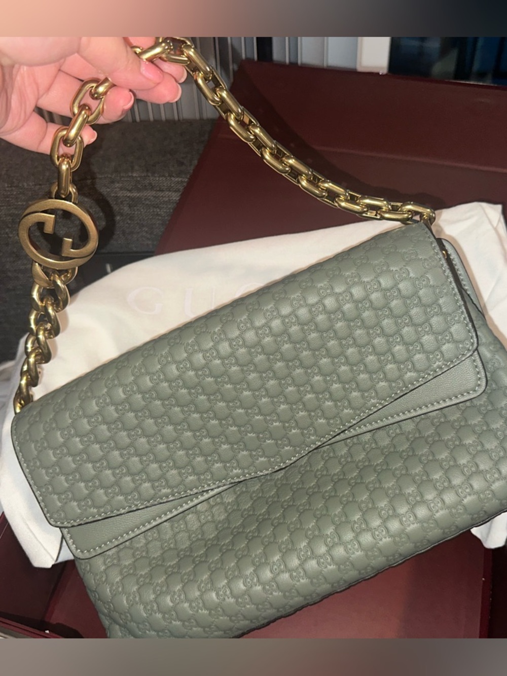 GG Gold Chain Shoulder Bag in Sage Green. Limited edition